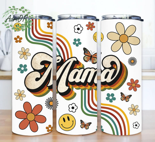 Mama Retro Flower Print 20oz Skinny Tumbler Png, Boho Rainbow Smile Face Design, Boho Rainbow Mama Tumbler, Mothers Day Tumbler Wrap Sublimation AdriOP 