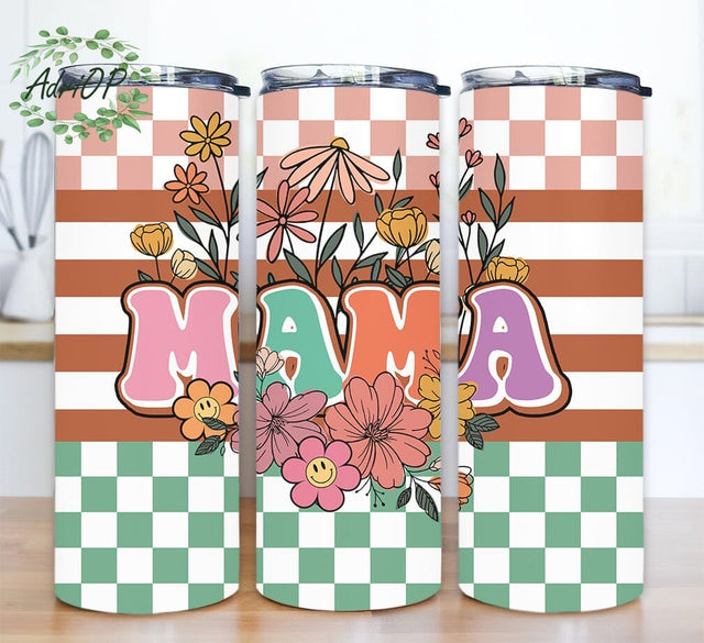 Mama Retro Flower Print 20oz Skinny Tumbler Png, Retro Flower Tumbler Wrap, Western Mama Png, Boho Rainbow Smile Face Design Sublimation AdriOP 