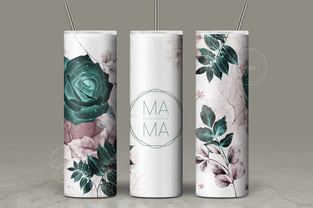 MAMA Tumbler, Skinny Tumbler 20 oz Design Wrap, Green Gold Floral Tumbler wrap PNG, Seamless Sublimation Design PNG, Skinny Travel Tumbler Sublimation Syre Digital Creations 