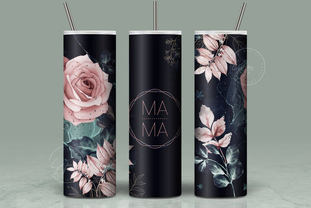 MAMA Tumbler, Skinny Tumbler 20 oz Design Wrap, Pink Gold Floral Tumbler wrap PNG, Seamless Sublimation Design PNG, Skinny Travel Tumbler Sublimation Syre Digital Creations 