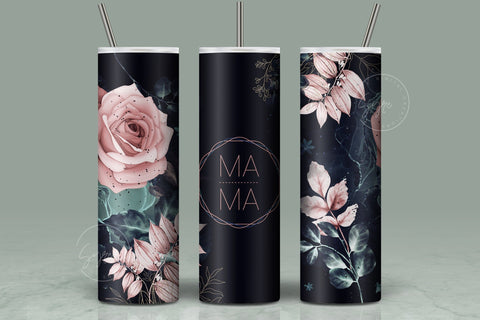MAMA Tumbler, Skinny Tumbler 20 oz Design Wrap, Pink Gold Floral Tumbler wrap PNG, Seamless Sublimation Design PNG, Skinny Travel Tumbler Sublimation Syre Digital Creations 