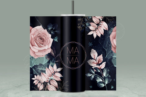MAMA Tumbler, Skinny Tumbler 20 oz Design Wrap, Pink Gold Floral Tumbler wrap PNG, Seamless Sublimation Design PNG, Skinny Travel Tumbler Sublimation Syre Digital Creations 