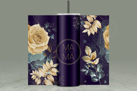 MAMA Tumbler, Skinny Tumbler 20 oz Design Wrap, Yellow Gold Floral Tumbler wrap PNG, Seamless Sublimation Design PNG, Skinny Travel Tumbler Sublimation Syre Digital Creations 