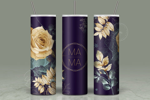 MAMA Tumbler, Skinny Tumbler 20 oz Design Wrap, Yellow Gold Floral Tumbler wrap PNG, Seamless Sublimation Design PNG, Skinny Travel Tumbler Sublimation Syre Digital Creations 