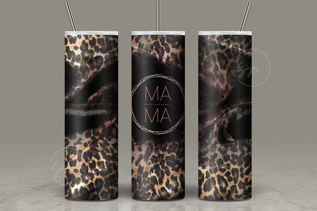 MAMA Tumbler Wrap, MomLife Tumbler Wrap, Leopard Print, Black Satin Fabric, Skinny Tumbler 20 oz Design PNG, Seamless Sublimation Tumbler Sublimation Syre Digital Creations 