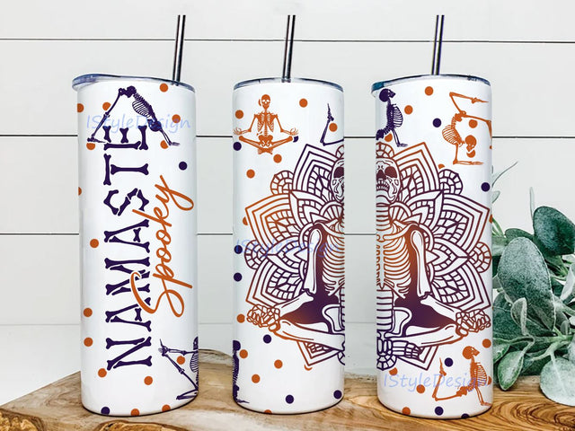 Mamaste Spooky Halloween 20 oz Skinny Tumbler Sublimation Design Namaste Spooky Straight Template, Fall Design, Funny Halloween Design, Skeleton Design Sublimation iStyleDesign 