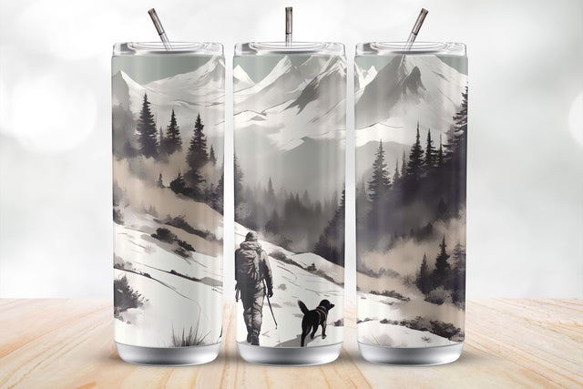 Man Hiking with a Dog, Vintage Background 20 Oz Tumbler Wrap Sublimation MockupSvgVenue 
