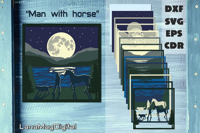 Man with horse, Layered mountain lake scene with full moon 3D Paper LanaMagDigital 