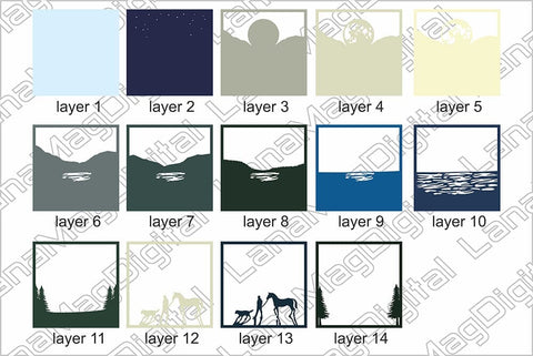 Man with horse, Layered mountain lake scene with full moon 3D Paper LanaMagDigital 