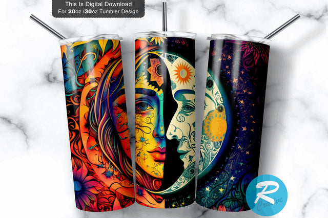 Man Woman Face Celestial Sun Moon Round 20 oz / 30 oz Tumbler PNG Sublimation Regulrcrative 