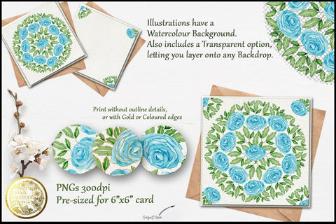 Mandala Blue Roses - illustrations | Clipart | Cards Digital Pattern DrawnTogether with love 