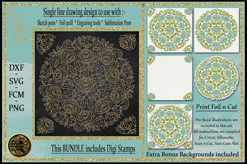 Mandala Blue Roses - Illustrations | Foil Quill | Digis|Bundle Sketch DESIGN DrawnTogether with love 