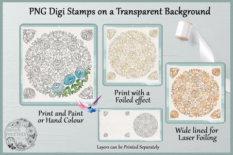 Mandala Blue Roses - Illustrations | Foil Quill | Digis|Bundle Sketch DESIGN DrawnTogether with love 