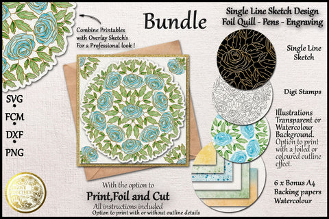 Mandala Blue Roses - Illustrations | Foil Quill | Digis|Bundle Sketch DESIGN DrawnTogether with love 