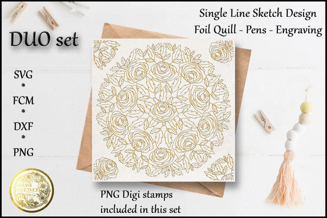 Mandala Blue Roses -Single line Designs | Digi stamps Duo Sketch DESIGN DrawnTogether with love 
