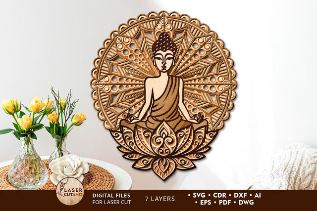 MANDALA BUDDHA Wood Cut and Paper Cut Template, Multilayer Wall Decor SVG LaserCutano 