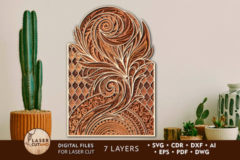 MANDALA FEATHER Multilayer Laser Cut Decoration, Wall Art SVG LaserCutano 