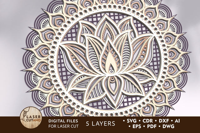 Mandala Lotus Multilayer Laser Cut Files, Round Sign SVG, 3D Designs SVG LaserCutano 