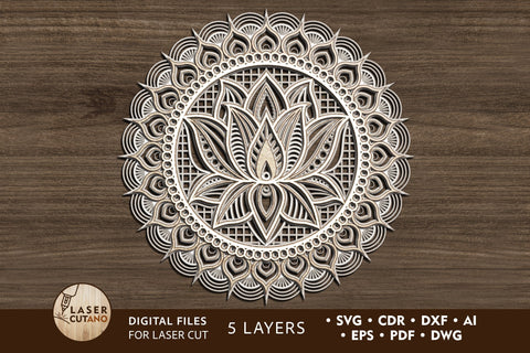 Mandala Lotus Multilayer Laser Cut Files, Round Sign SVG, 3D Designs SVG LaserCutano 