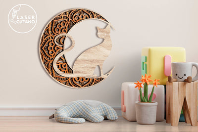 Mandala Moon and Cat, Multilayer Wall Art Decoration SVG LaserCutano 