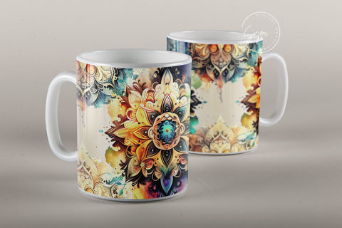 Mandala Mug Design, Watercolor Mandala Design, Boho Flower Mug Wrap Png, Tribal Mug Png, 15 oz and 11 oz mug template, Mandala sublimation Sublimation Syre Digital Creations 
