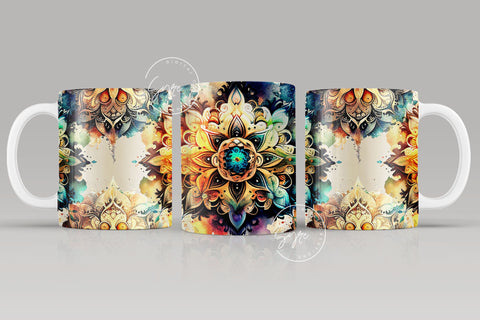 Mandala Mug Design, Watercolor Mandala Design, Boho Flower Mug Wrap Png, Tribal Mug Png, 15 oz and 11 oz mug template, Mandala sublimation Sublimation Syre Digital Creations 