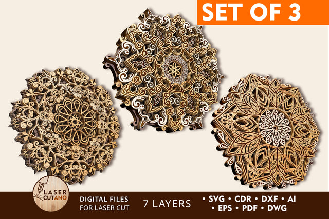 MANDALA Set Multilayer Cut Template for Paper Cutting and Laser Engraving on Wood SVG LaserCutano 