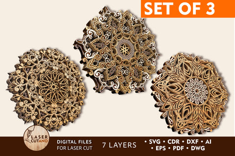 MANDALA Set Multilayer Cut Template for Paper Cutting and Laser Engraving on Wood SVG LaserCutano 