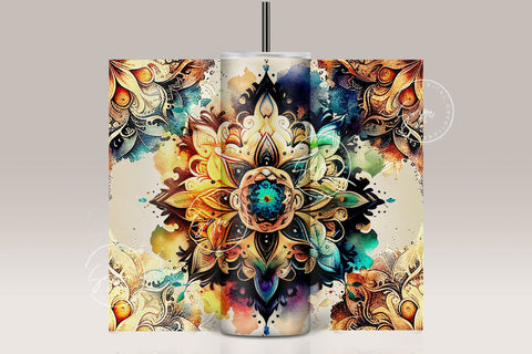 Mandala Tumbler, Watercolor Mandala Design, Boho Flower Tumbler Wrap Png, Tribal Tumbler Png, Seamless 20 oz Skinny Tumbler Sublimation Sublimation Syre Digital Creations 
