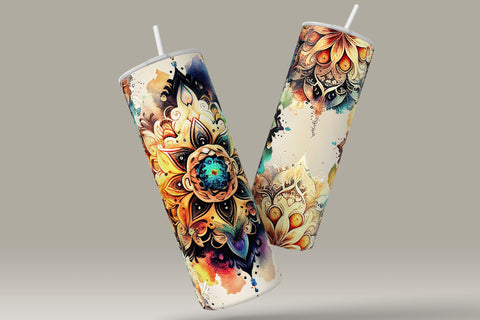 Mandala Tumbler, Watercolor Mandala Design, Boho Flower Tumbler Wrap Png, Tribal Tumbler Png, Seamless 20 oz Skinny Tumbler Sublimation Sublimation Syre Digital Creations 