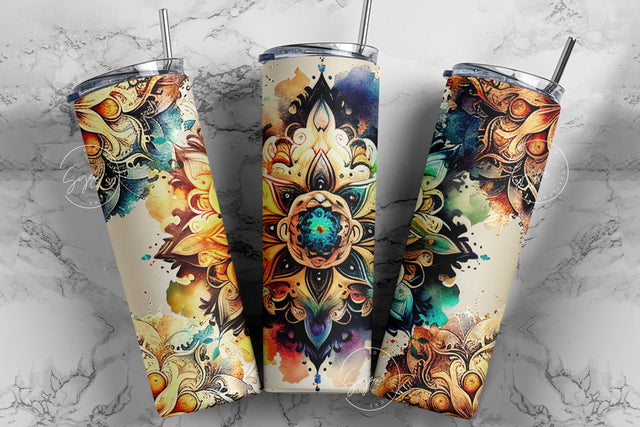 Mandala Tumbler, Watercolor Mandala Design, Boho Flower Tumbler Wrap Png, Tribal Tumbler Png, Seamless 20 oz Skinny Tumbler Sublimation Sublimation Syre Digital Creations 