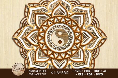 Mandala Yin Yang Multilayer Laser Cut Files, Mandala, Round Sign SVG, 3D Designs SVG LaserCutano 