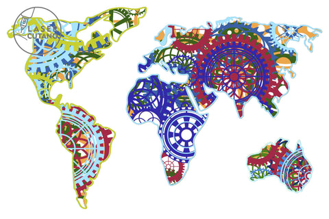MAP of GEARS, WORLD MAP, Multilayer Laser Cut Files, Mandala, SVG, 3D Designs SVG LaserCutano 