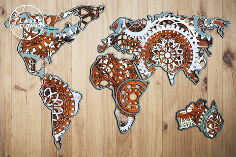MAP of GEARS, WORLD MAP, Multilayer Laser Cut Files, Mandala, SVG, 3D Designs SVG LaserCutano 
