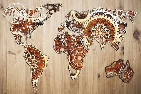 MAP of GEARS, WORLD MAP, Multilayer Laser Cut Files, Mandala, SVG, 3D Designs SVG LaserCutano 