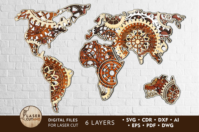 MAP of GEARS, WORLD MAP, Multilayer Laser Cut Files, Mandala, SVG, 3D Designs SVG LaserCutano 