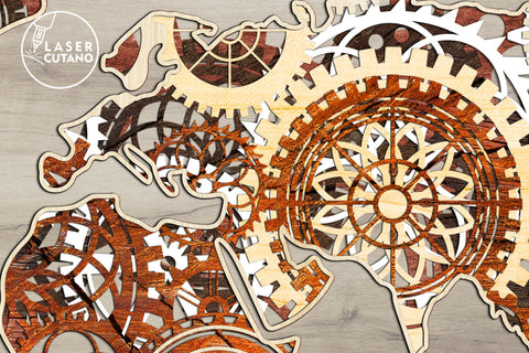 MAP of GEARS, WORLD MAP, Multilayer Laser Cut Files, Mandala, SVG, 3D Designs SVG LaserCutano 
