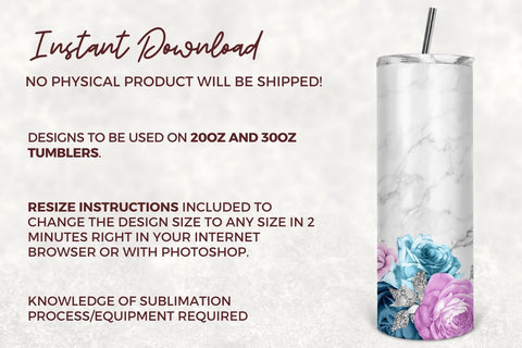 Marble Floral Glitter Sublimation Tumbler Design, Seamless 20oz Skinny Tumbler Wraps Templates - PNG Digital Download Sublimation TumblersByPhill 