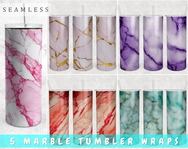 Marble Tumbler Wraps Bundle, 20 Oz Skinny Tumbler Colorful Marble Sublimation Designs, Seamless Marble PNG, 5 Designs Sublimation HappyDesignStudio 