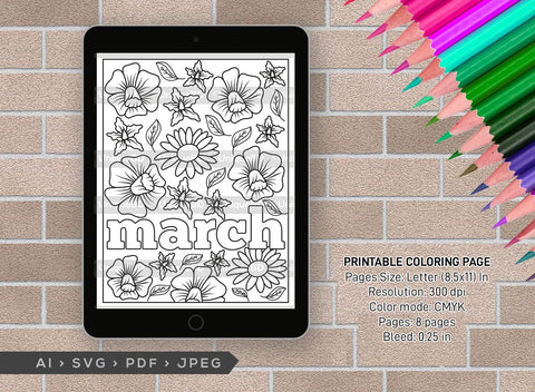 March Month Printable Coloring Page Bundle, PDF Colouring Book, Instant Download, CBP00013 SVG ETC Craft 
