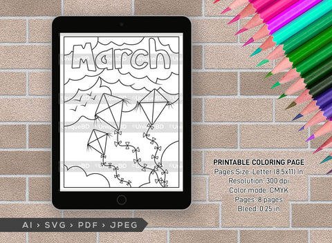 March Month Printable Coloring Page Bundle, PDF Colouring Book, Instant Download, CBP00013 SVG ETC Craft 