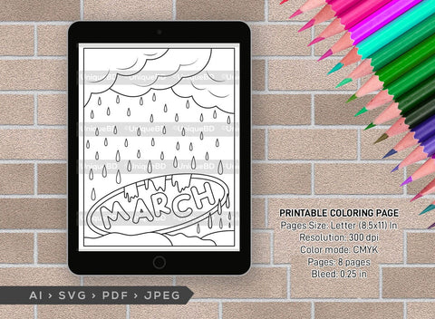 March Month Printable Coloring Page Bundle, PDF Colouring Book, Instant Download, CBP00013 SVG ETC Craft 