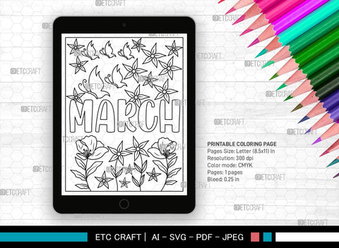 March Month Printable Coloring Page, PDF Colouring Book, Instant Download, CBP00013 SVG ETC Craft 