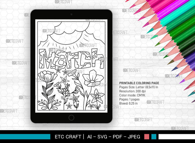 March Month Printable Coloring Page, PDF Colouring Book, Instant Download, CBP00013 SVG ETC Craft 