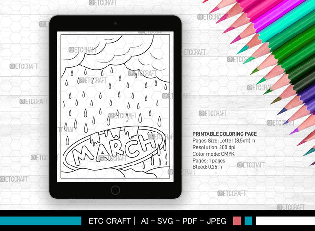 March Month Printable Coloring Page, PDF Colouring Book, Instant Download, CBP00013 SVG ETC Craft 