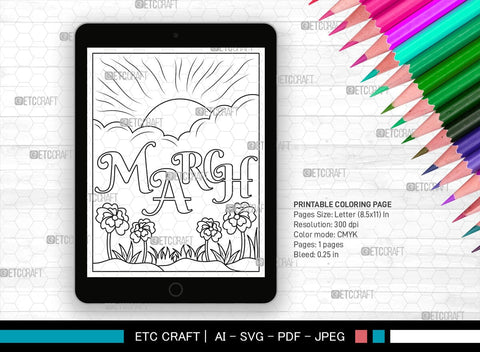 March Month Printable Coloring Page, PDF Colouring Book, Instant Download, CBP00013 SVG ETC Craft 