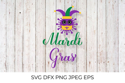 Mardi Gras calligraphy hand lettering with cute virus wearing mask SVG LaBelezoka 