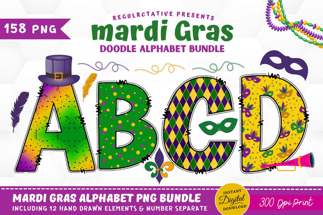 Mardi Gras Doodle Alphabet with Hand Drawn Numbers & Clipart Font Regulrcrative 