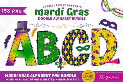 Mardi Gras Doodle Alphabet with Hand Drawn Numbers & Clipart Font Regulrcrative 
