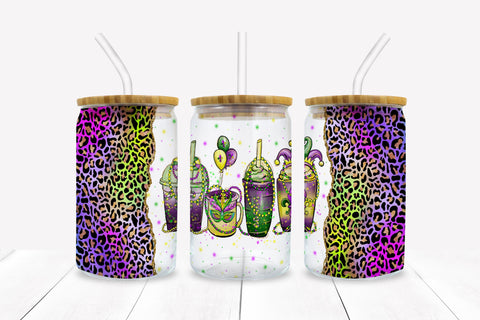 Mardi Gras Frosted Glass Coffee Cup Sublimation PNG Sublimation BijouBay 